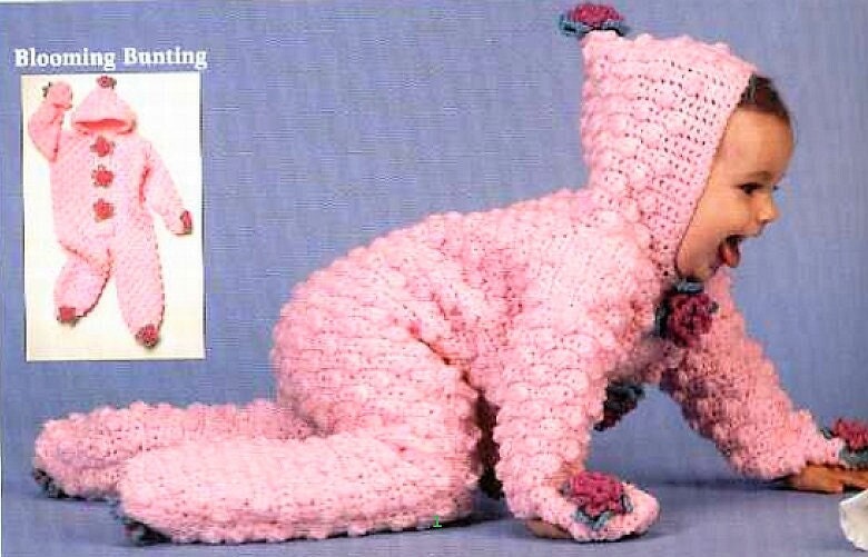 Vintage Crochet Pattern Baby Girl Puff Stitch Flower Bunting Suit Hooded Romper All In One PDF Instant Digital Download 3-9m 10 Ply