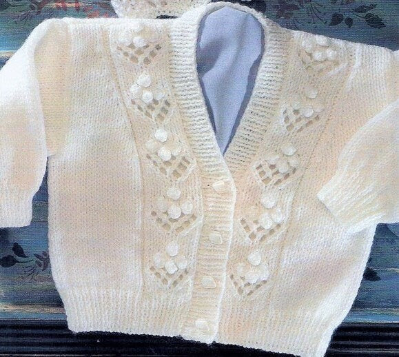 Vintage Knitting Pattern Baby Girl Lacy Panel Cardigan Sweaters Jumpers Pop Out Flowers PDF Instant Digital Download 0-4 yr DK