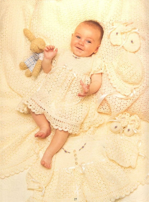 Vintage Crochet Pattern Baby Girl 5 Pc Lacy Layette Set PDF Instant Digital Download Jacket Dress Bonnet Bootees Mitts 0-6 months 3 Ply