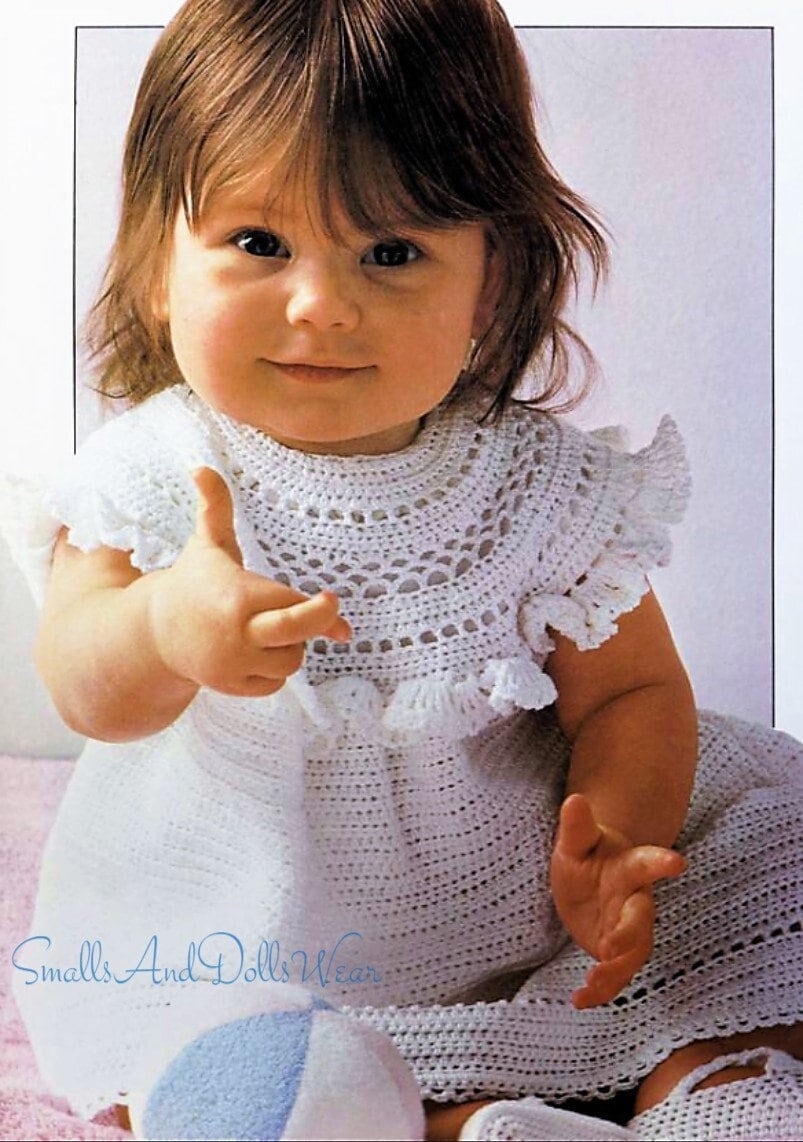 Vintage Thread Crochet Pattern Baby Girl Ruffled Yoke Dress and Bootie Shoes Set Lacy Openwork PDF Instant Digital Download 6m - 12m No 5.