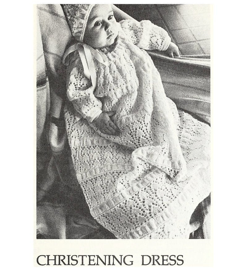 Vintage Knitting Pattern Baby Christening Dress and Bonnet Lacy Snowdrops PDF Instant Digital Download 3-6m 4 Ply