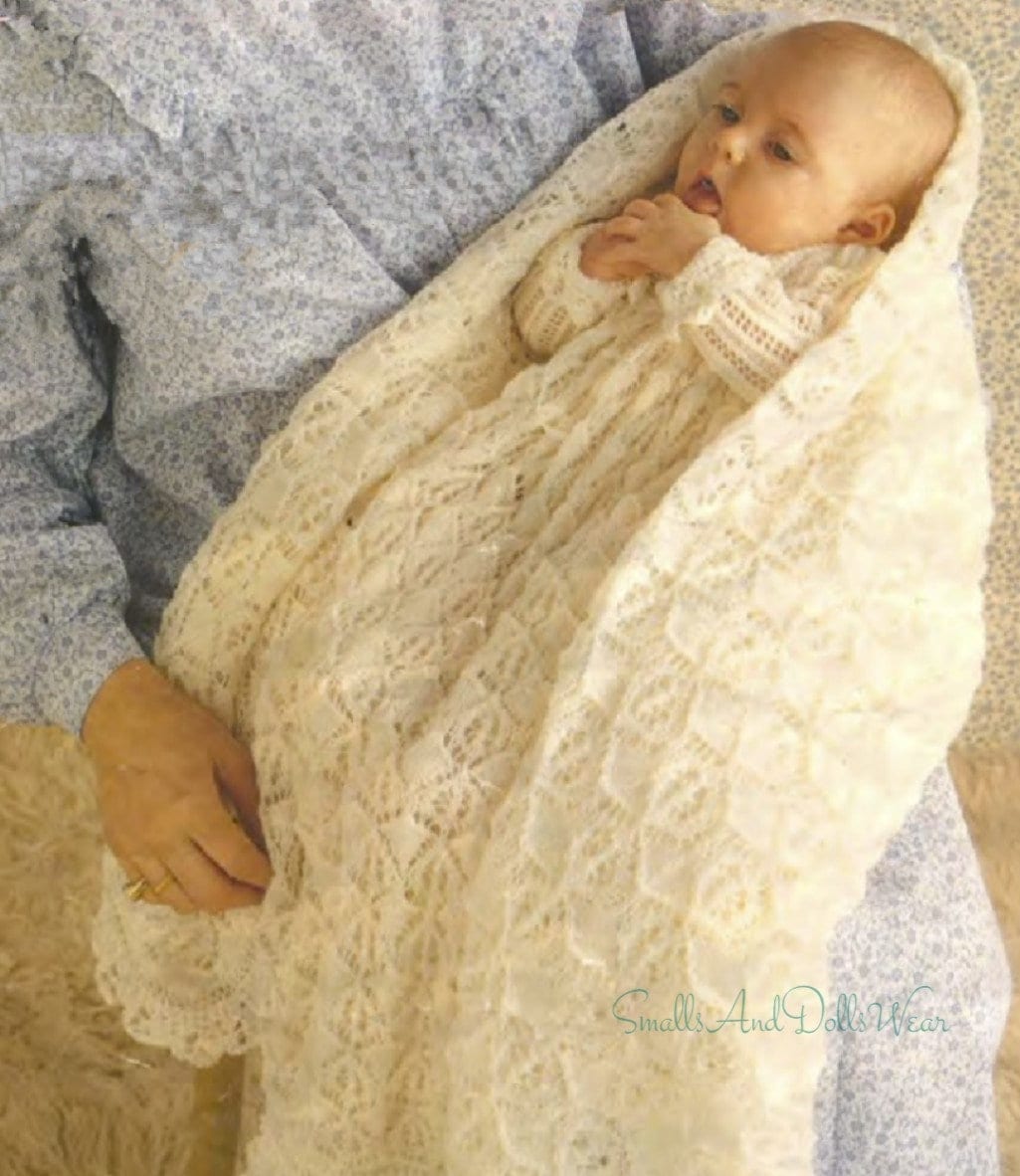 Vintage Knitting Pattern Baby Long Christening Gown Dress and Shawl Set Scalloped Edge Eyelet Lace PDF Instant Digital Download 3-6m 3 Ply