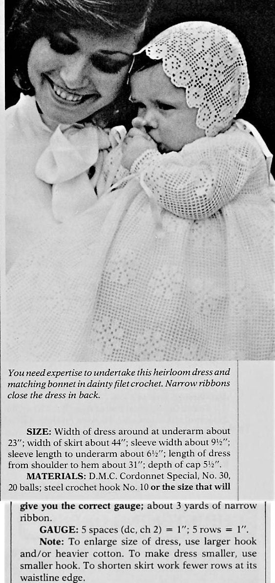 Vintage Filet Crochet Pattern Baby Christening Gown Bonnet Set Lacy Floral Heirloom PDF Instant Digital Download 0-6m
