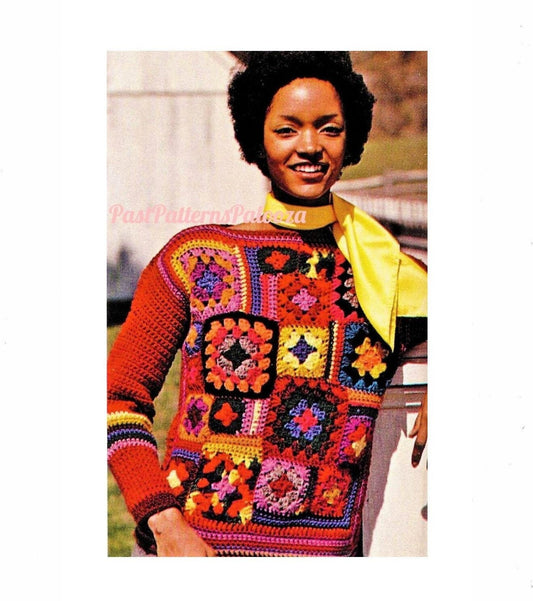 Vintage Crochet Pattern Womens Granny Square Collage Sweater Top PDF Instant Digital Download Groovy Gypsy Boho Pullover Jumper 4 Ply