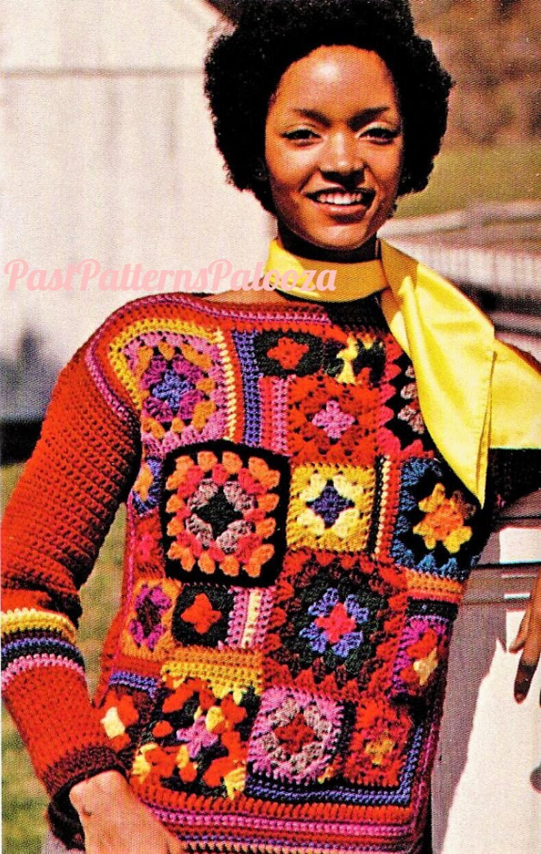 Vintage Crochet Pattern Womens Granny Square Collage Sweater Top PDF Instant Digital Download Groovy Gypsy Boho Pullover Jumper 4 Ply