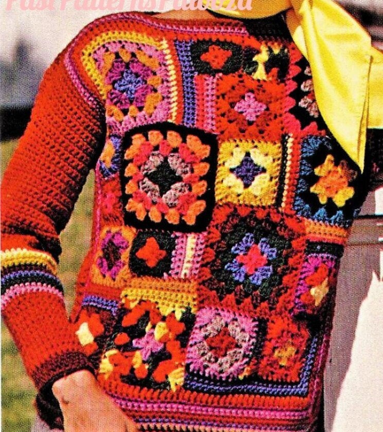 Vintage Crochet Pattern Womens Granny Square Collage Sweater Top PDF Instant Digital Download Groovy Gypsy Boho Pullover Jumper 4 Ply