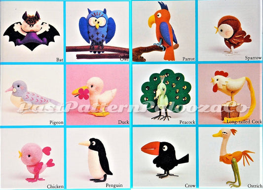 Vintage Sewing Pattern Mini Felt Birds Soft Dolls 12 Figures 2 -5 Inches PDF Instant Digital Download Bat Owl Parrot Peacock Chicken