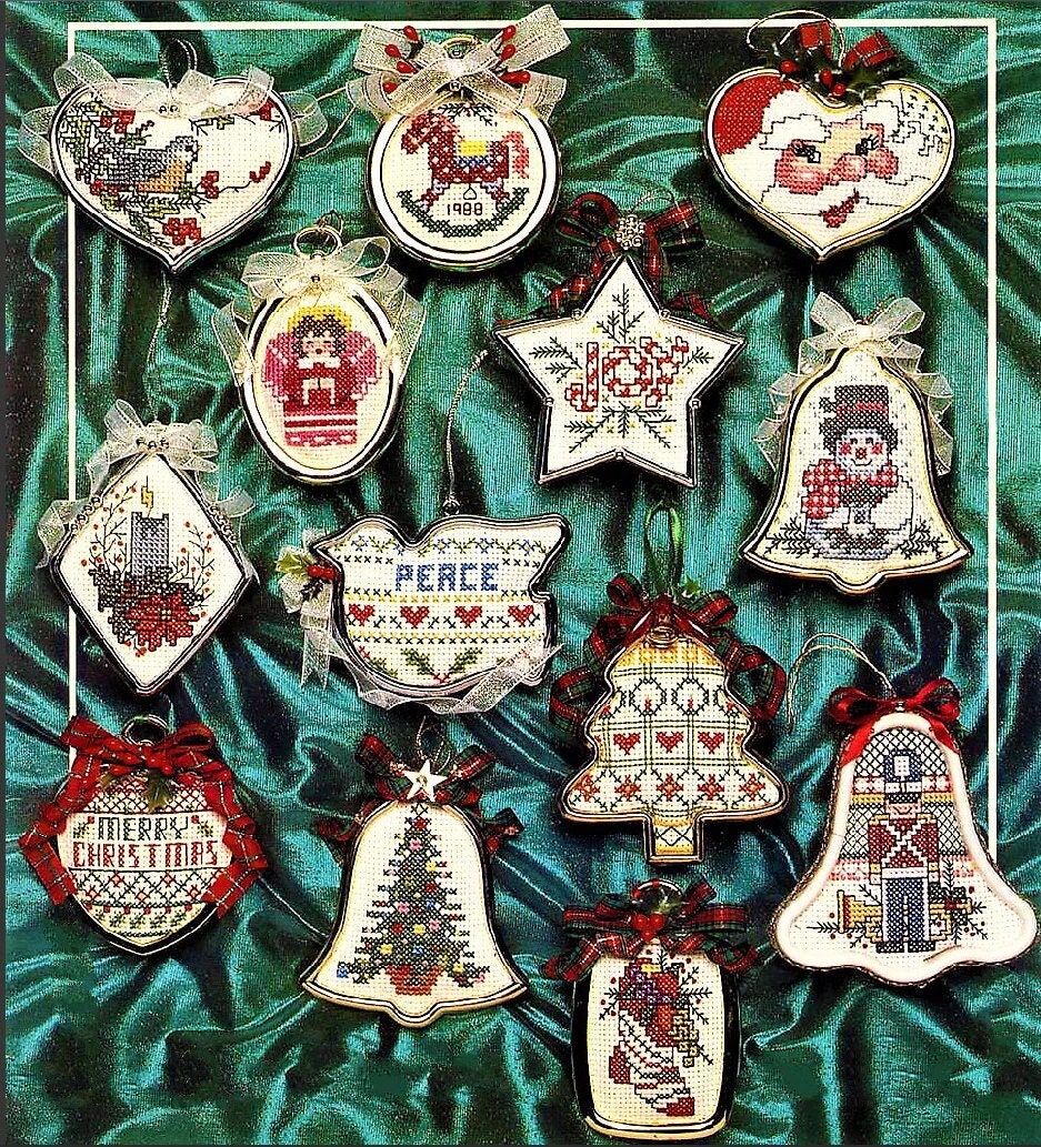 Vintage Cross Stitch Patterns Mini Framed Christmas Ornaments PDF Instant Digital Download 30 Designs Bells Angels Peace Joy Love 2-3 Inch