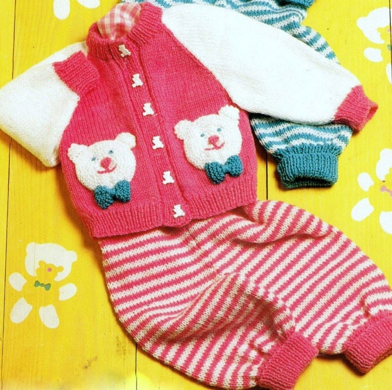 Vintage Knitting Pattern Baby Teddy Bear Face Motif Cardigan Sweater & Striped Leggings Set PDF Instant Digital Download 0-3 yrs DK