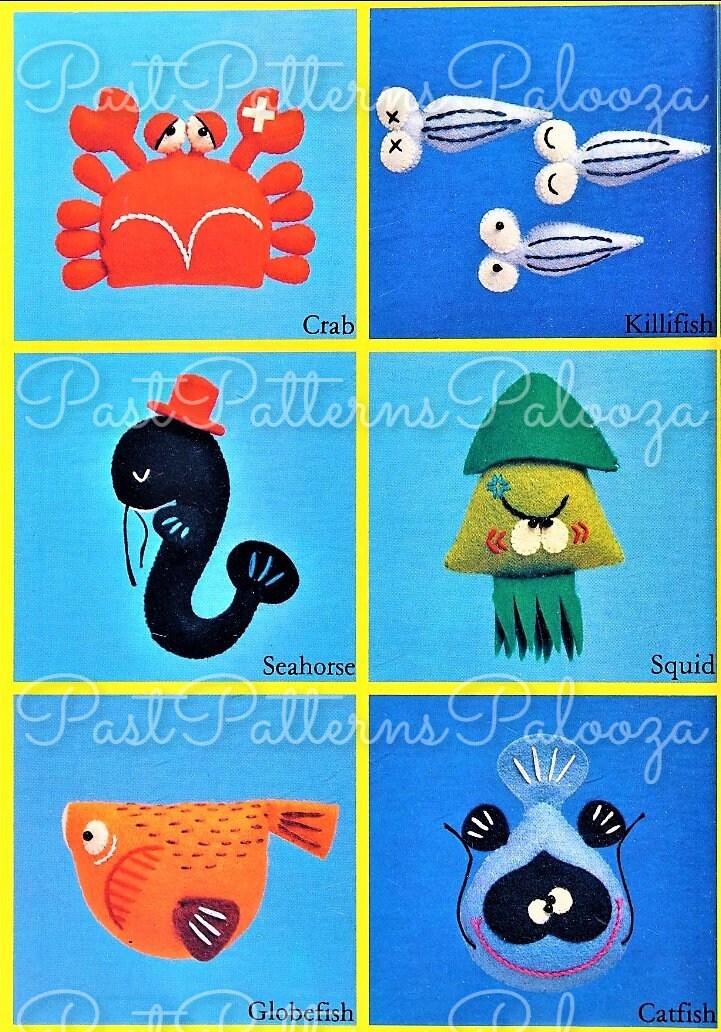 Vintage Sewing Pattern Mini Felt Fish Sealife Soft Dolls 12 Figures 2 -5 Inches PDF Instant Digital Download Crab Seahorse Squid and More