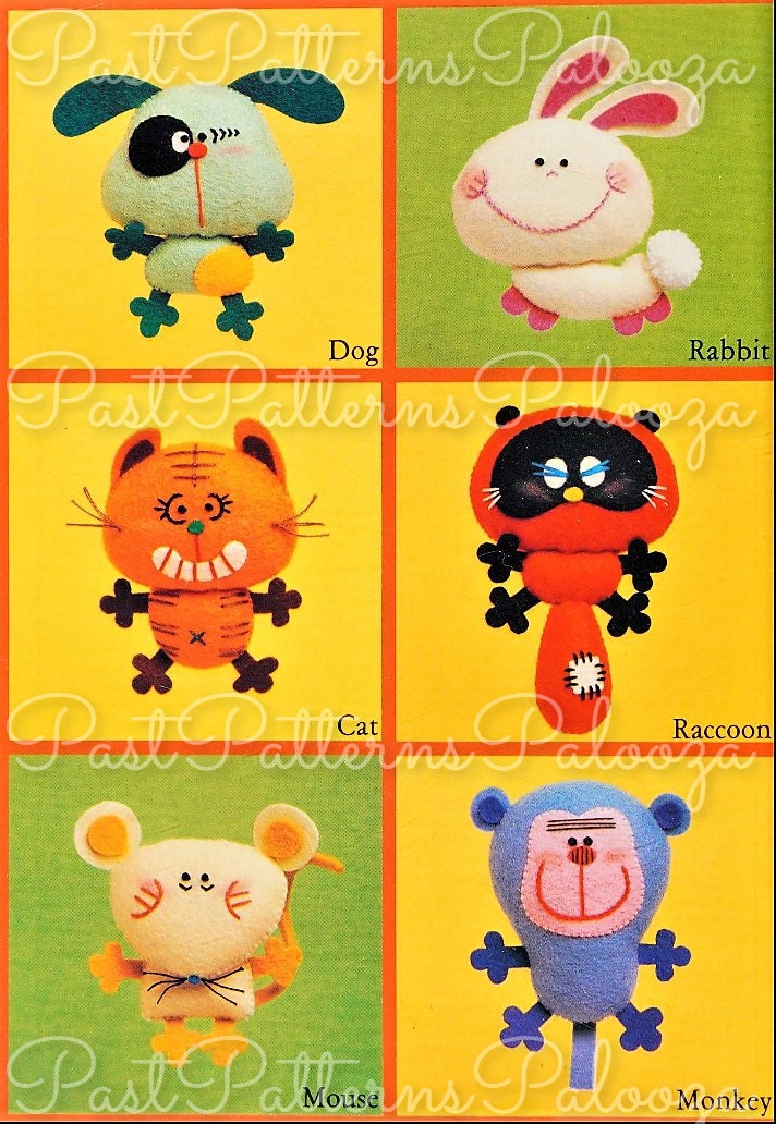 Vintage Sewing Pattern 3" Mini Cute Animals 12 Felt Soft Doll Figures PDF Instant Digital Download Puppy Panda Pig Frog Cat Bunny and More