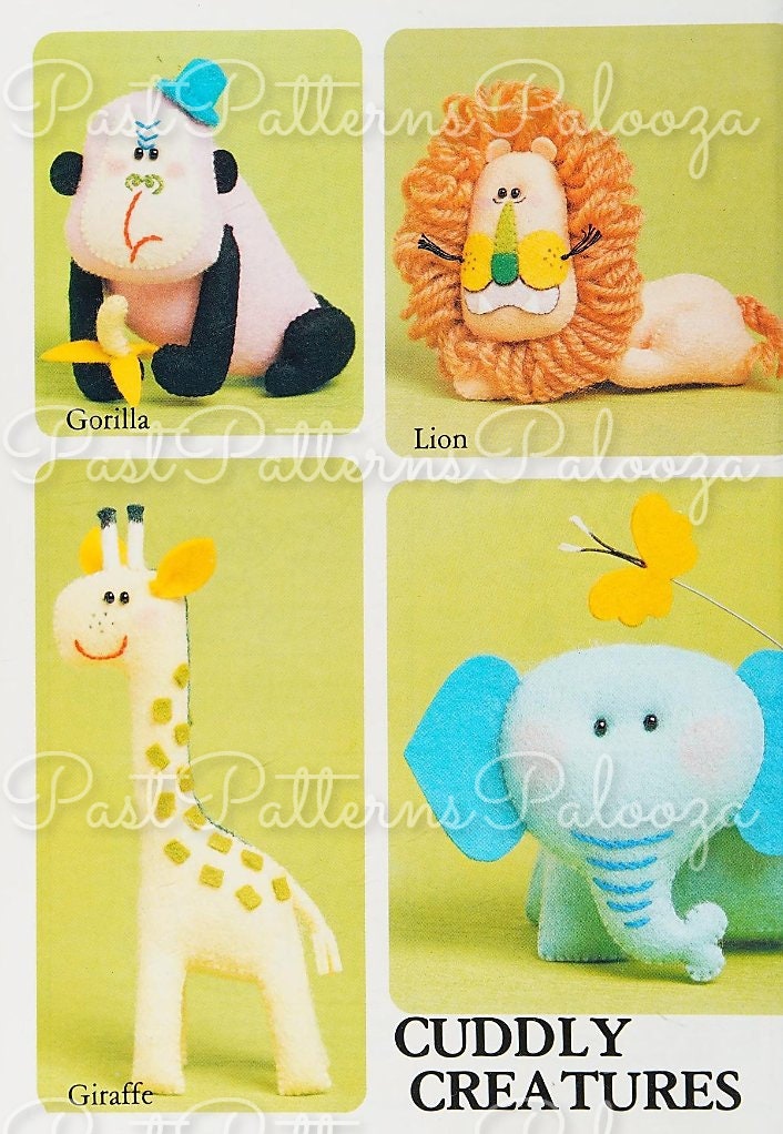 Vintage Sewing Pattern Cuddly Creatures Zoo Animals 12 Felt Soft Doll Figures 3-5 Inches PDF Instant Digital Download Gorilla Lion Hippo +