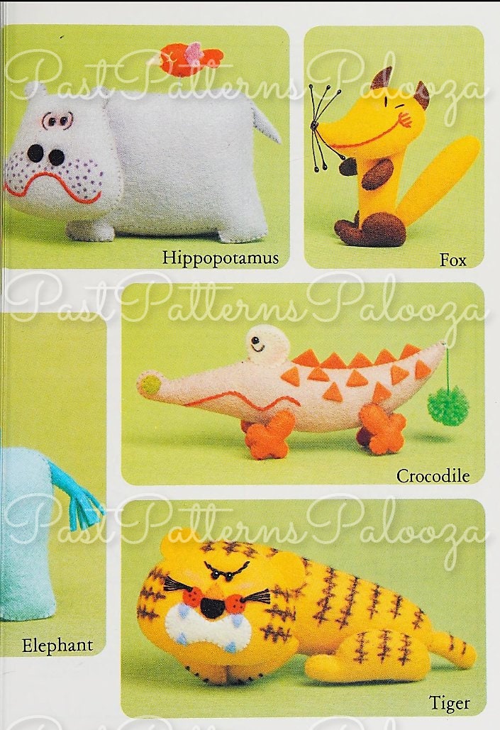 Vintage Sewing Pattern Cuddly Creatures Zoo Animals 12 Felt Soft Doll Figures 3-5 Inches PDF Instant Digital Download Gorilla Lion Hippo +