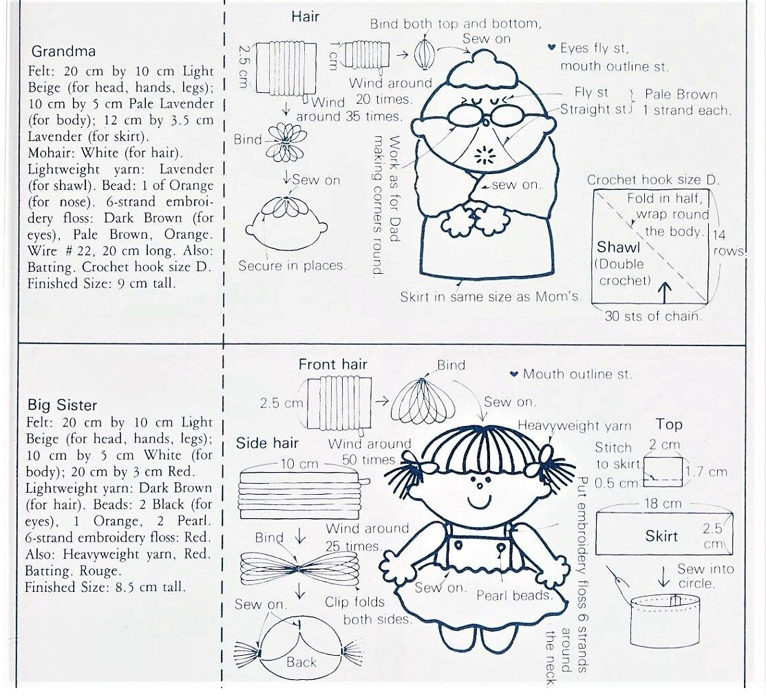 Vintage Sewing Pattern Little Felt Family Soft Doll Figures Set of 6 PDF Instant Digital Download Mom Dad Baby Sister Grandparents 3-4 Inch