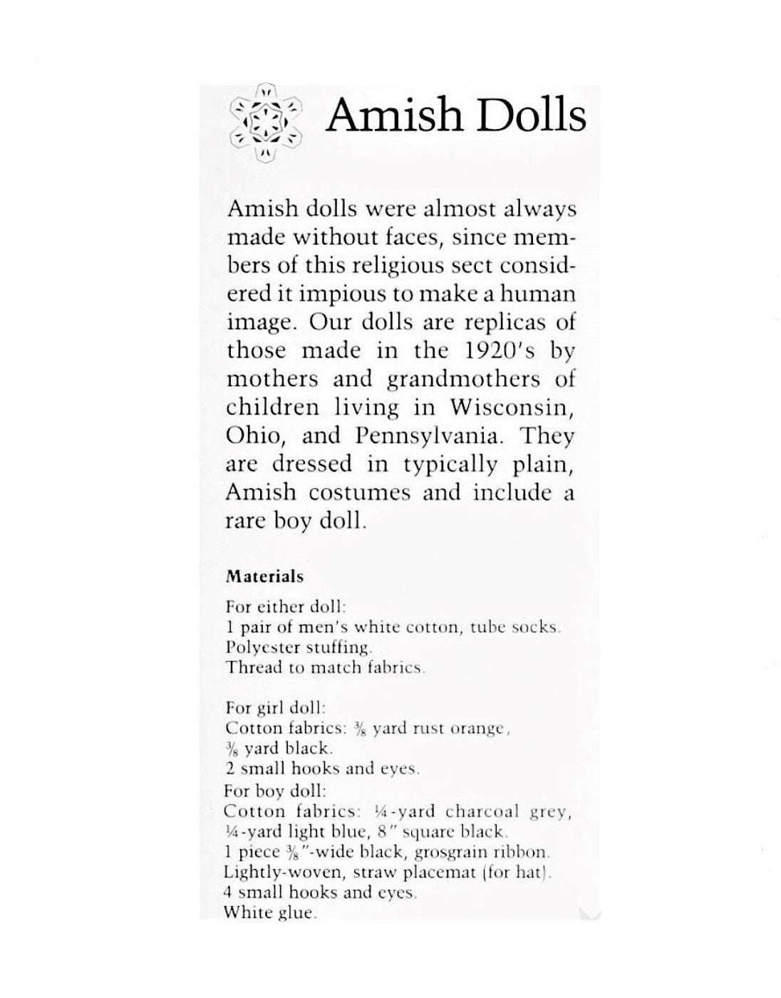 Vintage Sewing Pattern 18" Traditional Amish Girl and Boy Soft Toy Dolls 1920s PDF Instant Download Faceless Quaker Mennonite Dollys