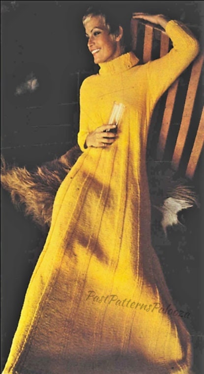 Vintage Knitting Pattern Womens Evening Turtleneck Maxi Dress PDF Instant Digital Download Long Retro Ribbed Floor Length Dress 8 Ply