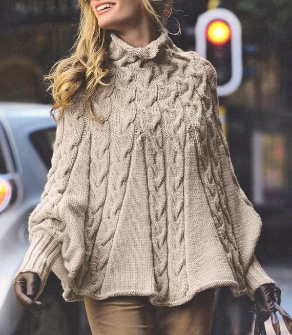 Vintage Knitting Pattern Womens Aran Cable Cabled Poncho Swing Sweater Design PDF Instant Digital Download 10 Ply