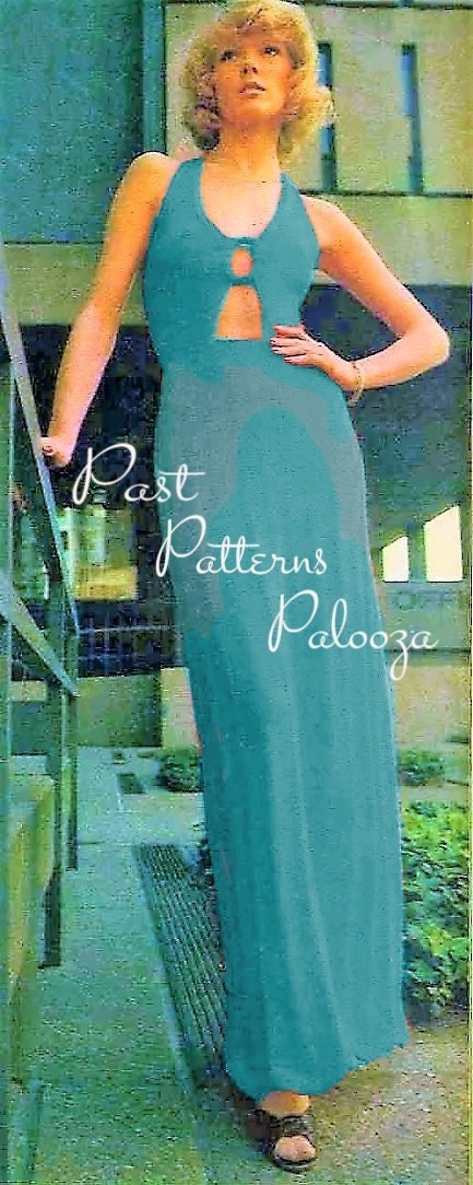 Vintage Knitting Pattern Womens Keyhole Halter Maxi Dress PDF Instant Digital Download Long Retro Ribbed Summer Dress DK