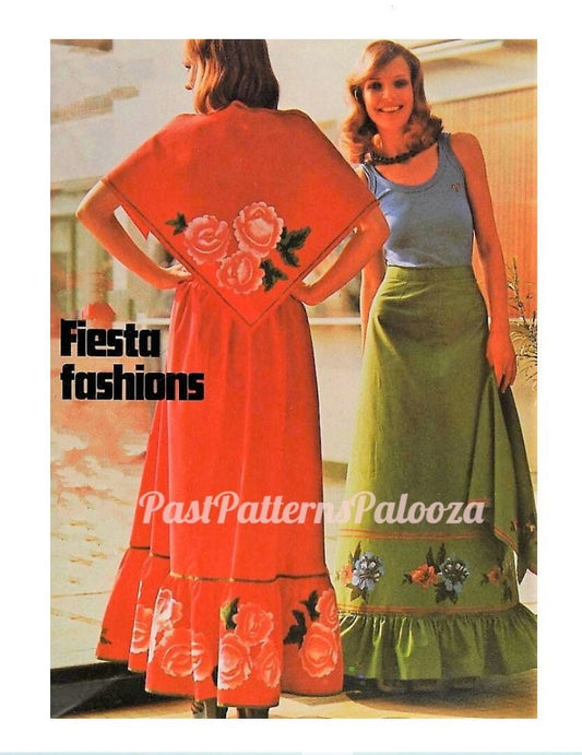 Vintage Sewing Pattern Womens Peasant Maxi Skirt & Shawl Set Painted Flowers PDF Instant Digital Download 70s Fiesta Boho Flower Child Gypsy