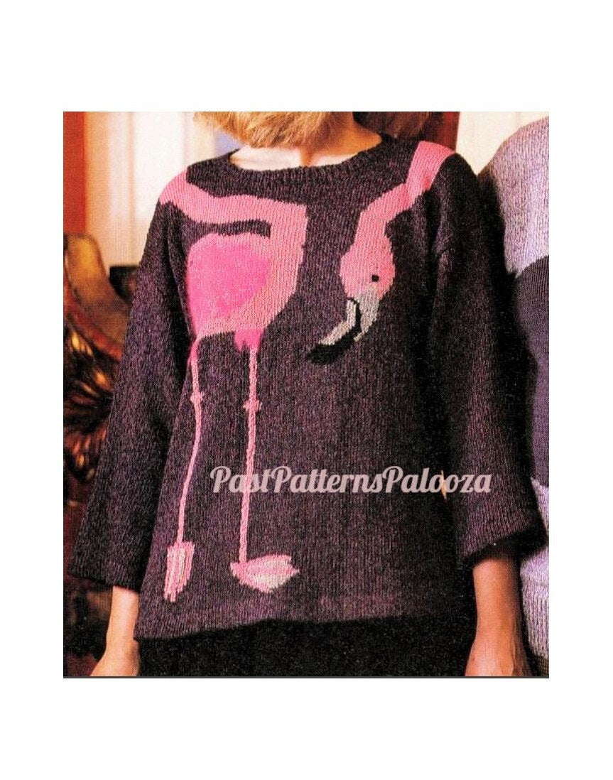 Vintage Knitting Pattern Flamingo Sweater Wraparound Neck PDF Instant Digital Download Womens Adult Pullover Novelty Jumper DK 8 Ply
