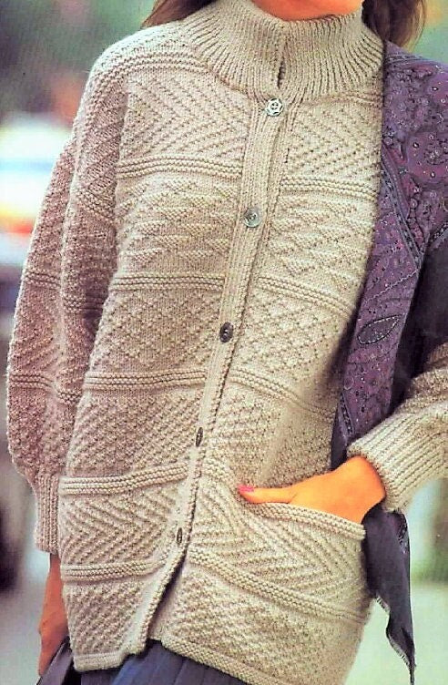 Vintage Knitting Pattern Womens Knit Textured Sampler Panel Sweater Jacket Coat PDF Instant Digital Download Aran 10 Ply