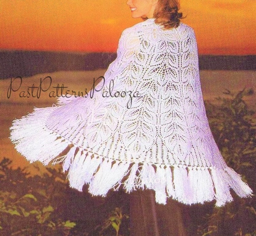 Vintage Knitting Pattern Womens Lacy Leaves Lace Shawl PDF Instant Digital Download Boho Feminine Fringed Shoulder Wrap 5 Ply
