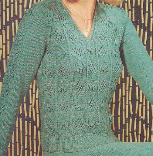 Vintage Knitting Pattern Womens Bobble Diamonds Pullover V Neck Sweater and Skirt Set PDF Instant Digital Download DK 8 Ply
