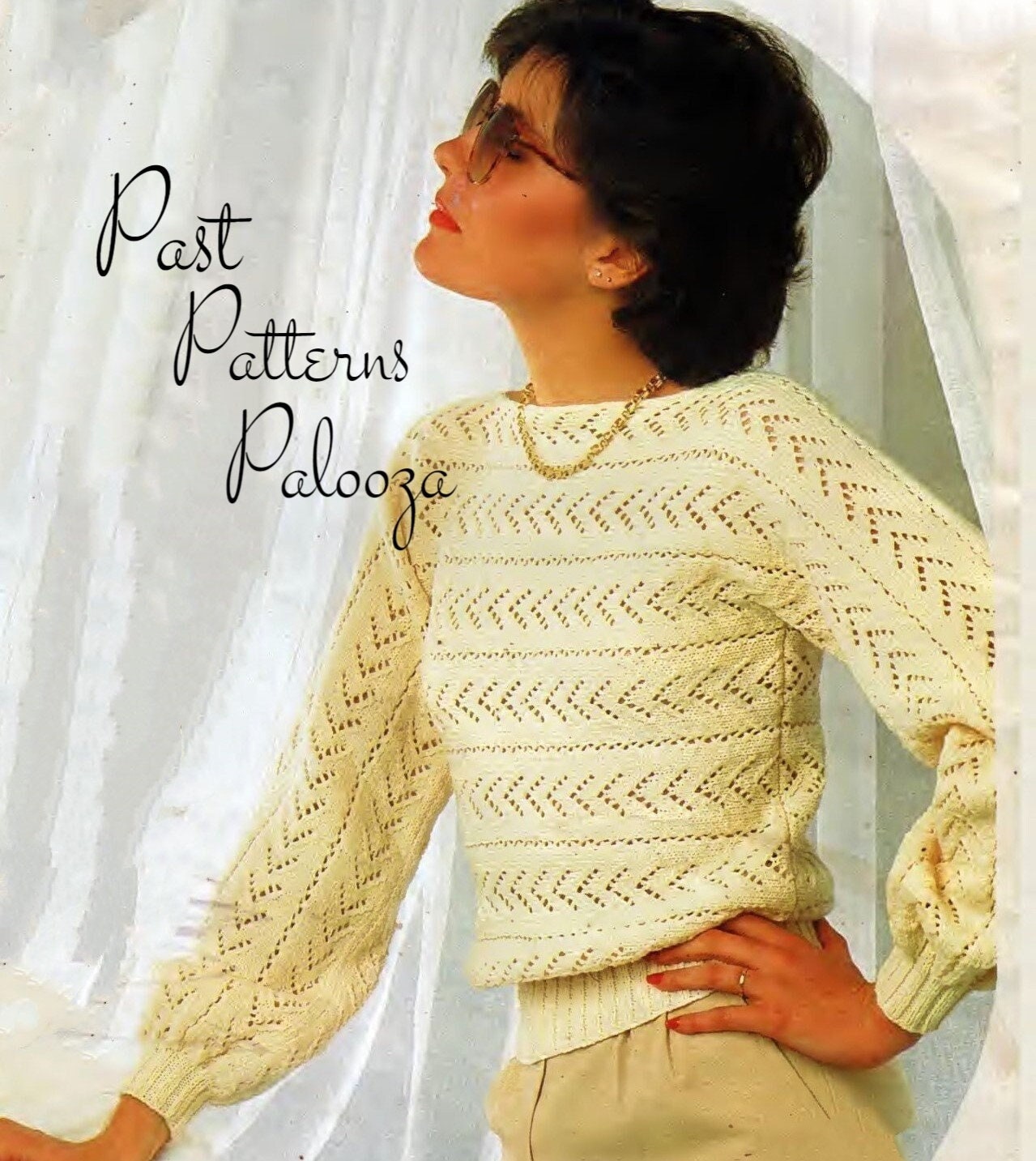Vintage Knitting Pattern Womens Sideways Lace Openwork Long Sleeved Sweater Blouse Pretty Top PDF Instant Digital Download 5 Ply