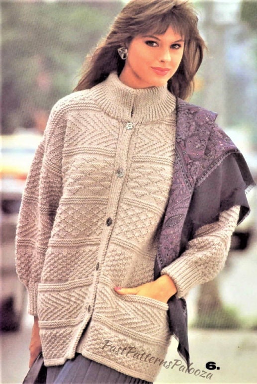 Vintage Knitting Pattern Womens Knit Textured Sampler Panel Sweater Jacket Coat PDF Instant Digital Download Aran 10 Ply