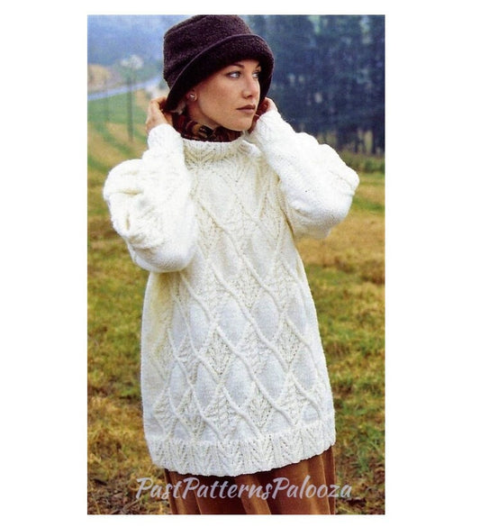Vintage Knitting Pattern Womens Textured Diamonds Aran Sweater Long Pullover Jumper PDF Instant Digital Download 10 Ply