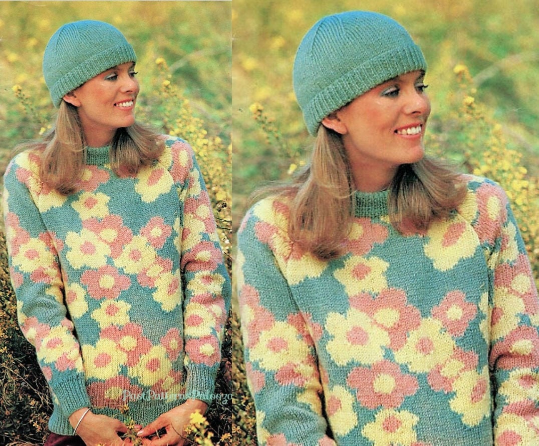 Vintage Knitting Pattern Womens Spring Flower Motif Pullover Sweater and Hat Set PDF Instant Digital Download DK 8-Ply