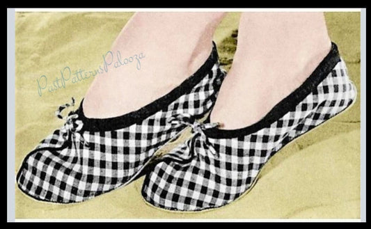 Vintage Sewing Pattern Pretty Womens Gingham Ballet House Slippers PDF Instant Digital Download Slip On Flats One Size