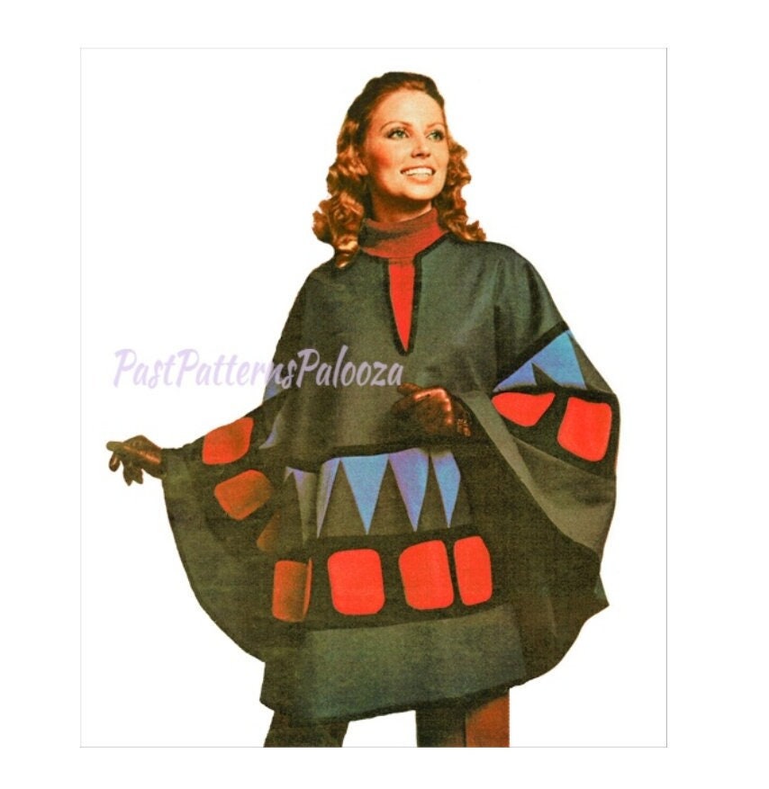 Vintage Sewing Pattern Retro Womens Circle Poncho Wool Felt Fabric PDF Instant Digital Download Groovy Boho Geometric Shapes Cape