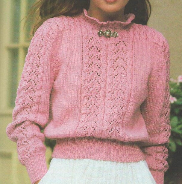 Vintage Knitting Pattern Womens Romantic Lacy Cabled Openwork Knit Sweater PDF Instant Digital Download Ruffled Collar Ribbed Waist 10 Ply