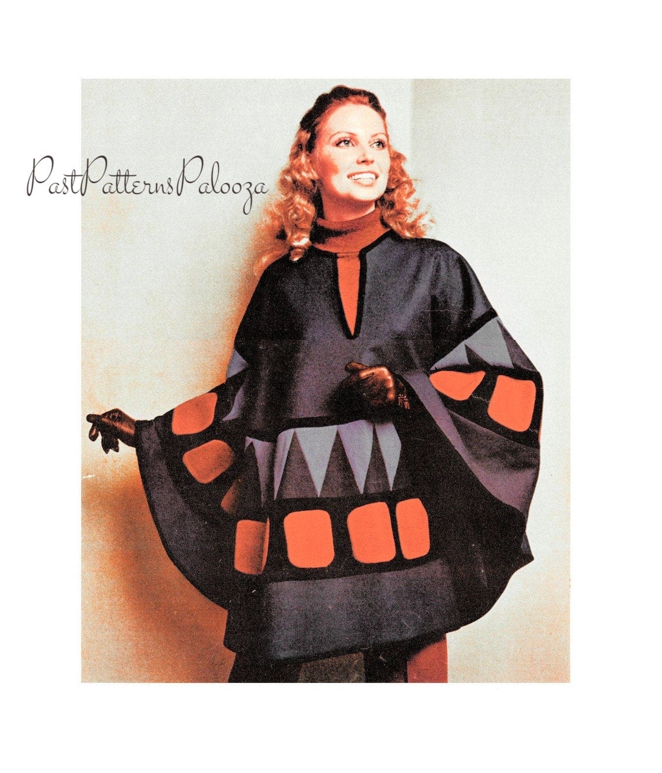 Vintage Sewing Pattern Retro Womens Circle Poncho Wool Felt Fabric PDF Instant Digital Download Groovy Boho Geometric Shapes Cape