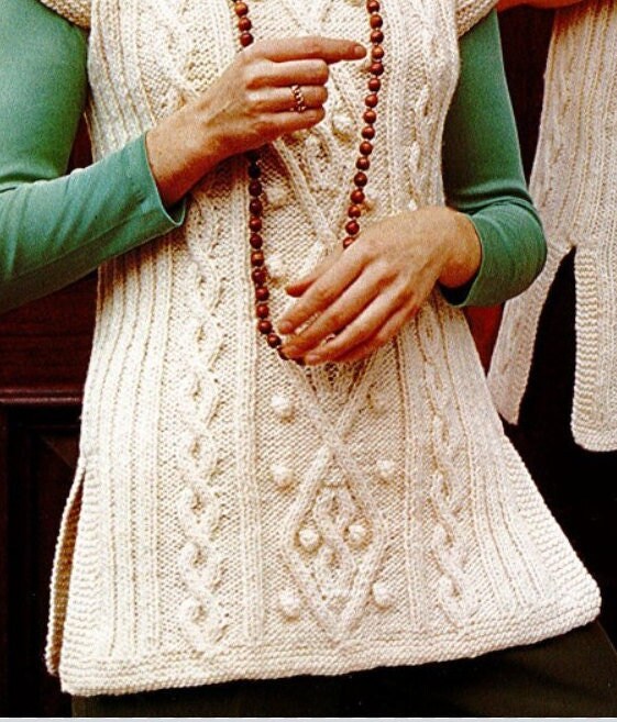 Vintage Knitting Pattern Womens Girls Cabled Aran Tunic Vests PDF Instant Digital Download 7 Years and Up 10 Ply
