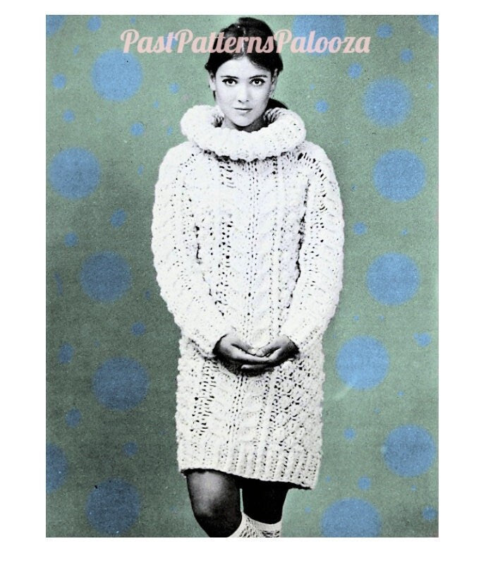 Vintage Knitting Pattern Womens Irish Fisherman Aran Mini Dress Retro Roll Collar Long Sleeves PDF Instant Digital Download Big Needle Knits