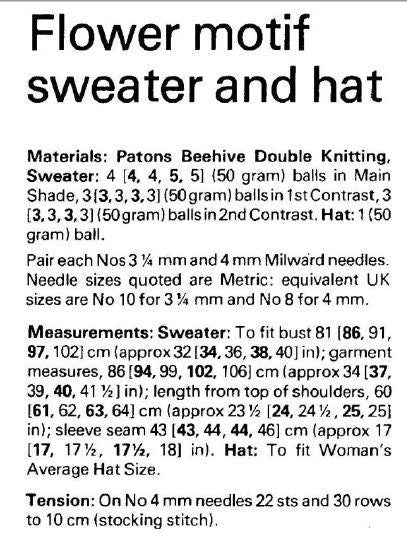 Vintage Knitting Pattern Womens Spring Flower Motif Pullover Sweater and Hat Set PDF Instant Digital Download DK 8-Ply