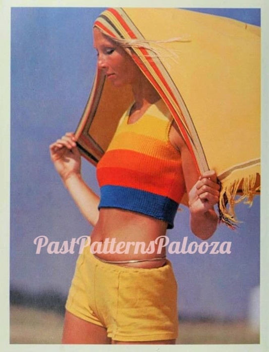 Vintage Knitting Pattern Womens Rainbow Midriff Top PDF Instant Digital Download Retro Beach Summer Short Tank Hippie Boho Wear 1977 10 Ply