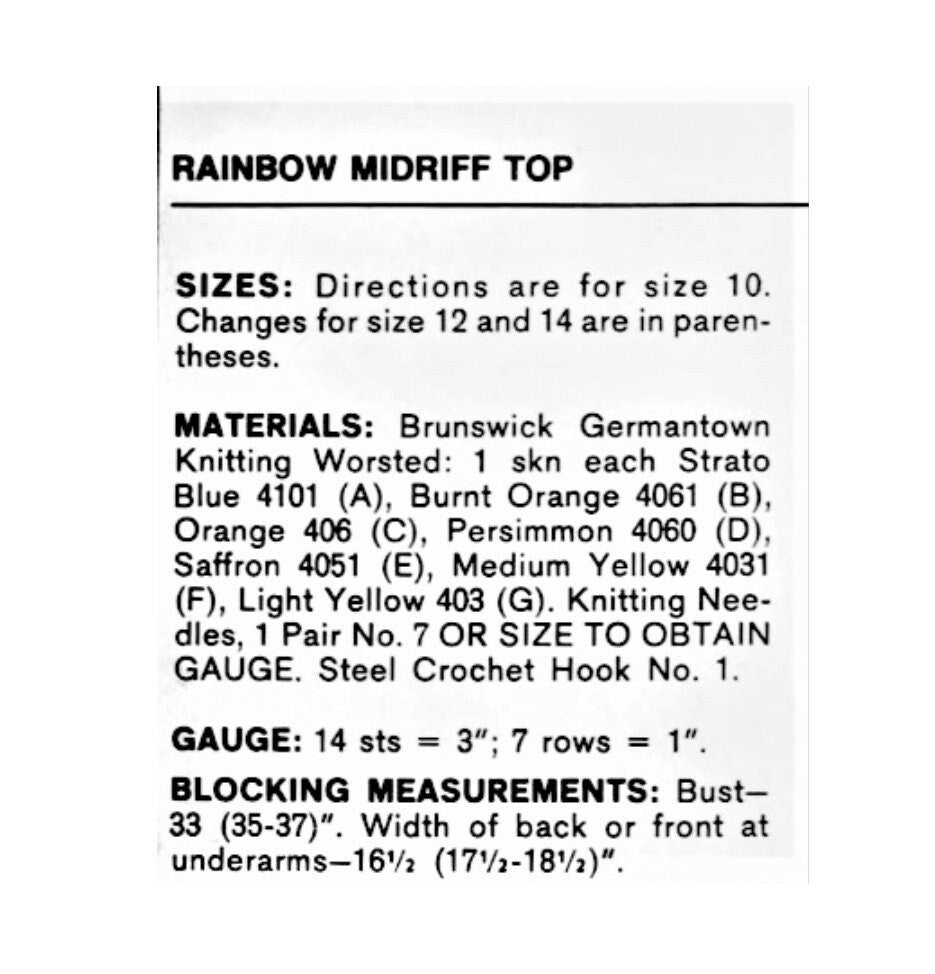Vintage Knitting Pattern Womens Rainbow Midriff Top PDF Instant Digital Download Retro Beach Summer Short Tank Hippie Boho Wear 1977 10 Ply