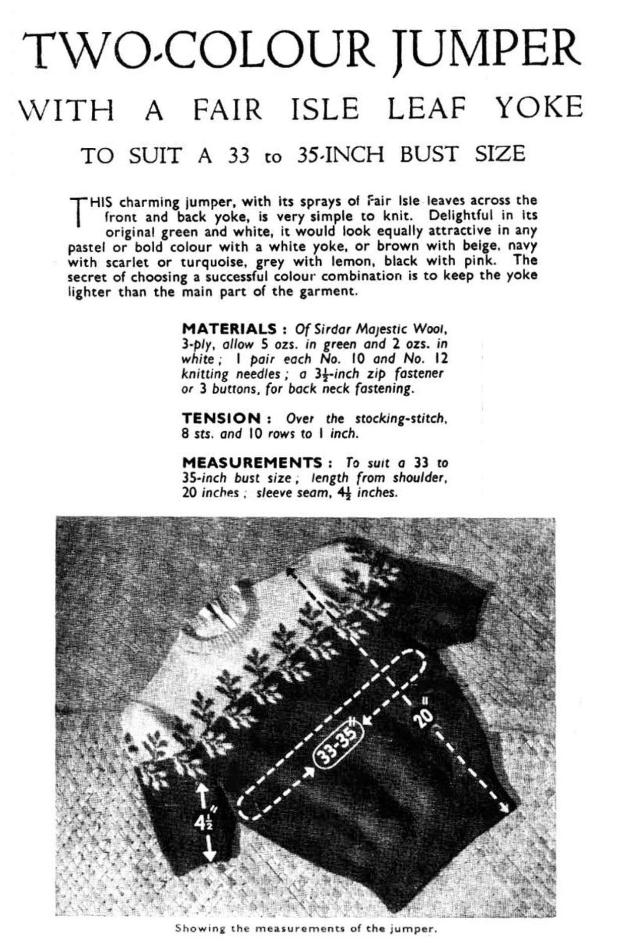 Vintage Knitting Pattern Womens Fair Isle Leave Yoke Sweater Jumper PDF Instant Digital Download Pretty Pullover 3 Ply