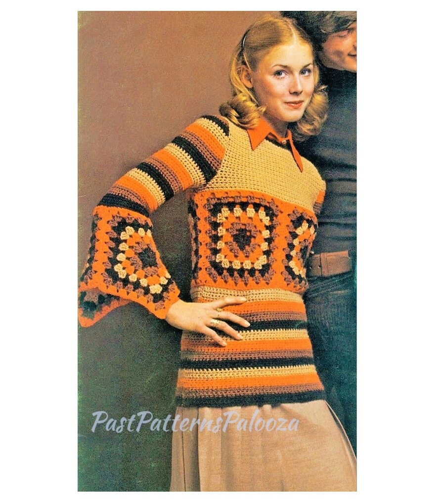 Vintage Crochet Pattern Womens Boho Granny Square Top Bell Sleeves PDF Instant Digital Download Retro Long Jumper 4 Ply