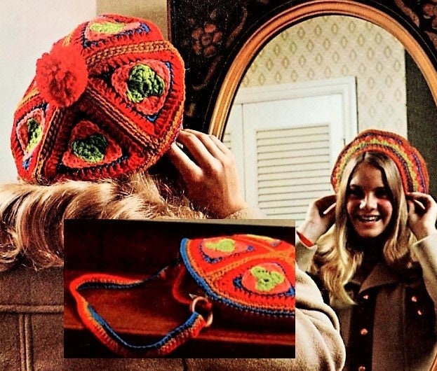 Vintage Crochet Pattern Womens Granny Square Tam Hat and Round Shoulder Bag Set PDF Instant Digital Download Retro Boho Hat Purse 10 Ply