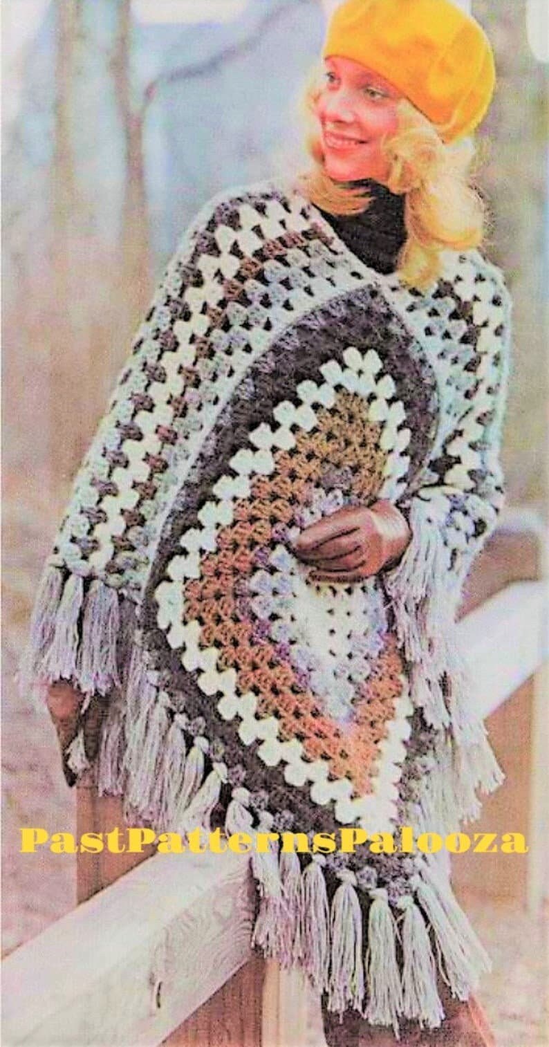Vintage Crochet Pattern Womens Quick Easy Granny Square Poncho PDF Instant Digital Download Retro Boho 1970s Fringed Wrap Chunky 12 Ply