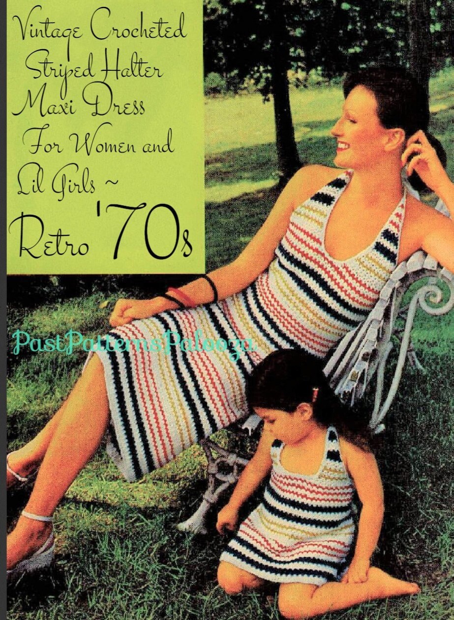 Vintage Crochet Patterns Womens Girls Stripe Banded Maxi Halter Dress PDF Instant Digital Download Groovy Mod Boho Chic 5 Ply