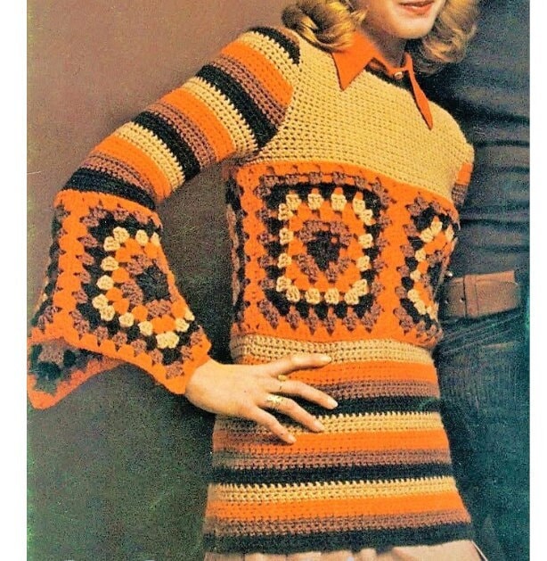Vintage Crochet Pattern Womens Boho Granny Square Top Bell Sleeves PDF Instant Digital Download Retro Long Jumper 4 Ply