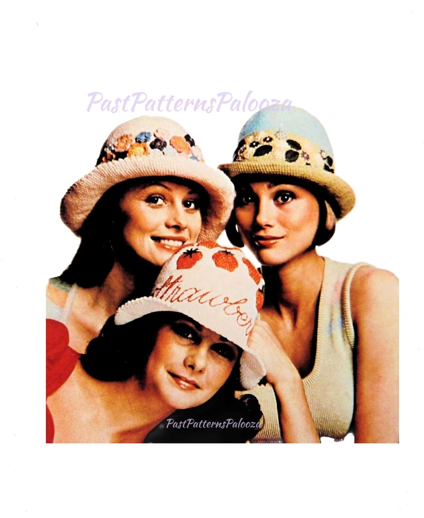 Vintage Crochet Pattern Womens Boho Brimmed Hats Flowers Sunshine Strawberries PDF Instant Digital Download 10 Ply