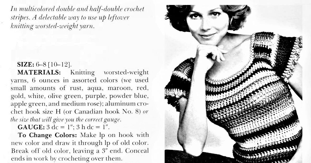 Vintage Crochet Pattern Womens Ruffle Cap Sleeved Short Striped Summer Top PDF Instant Digital Download Boho 1970s Bold Stripes DK 10 Ply
