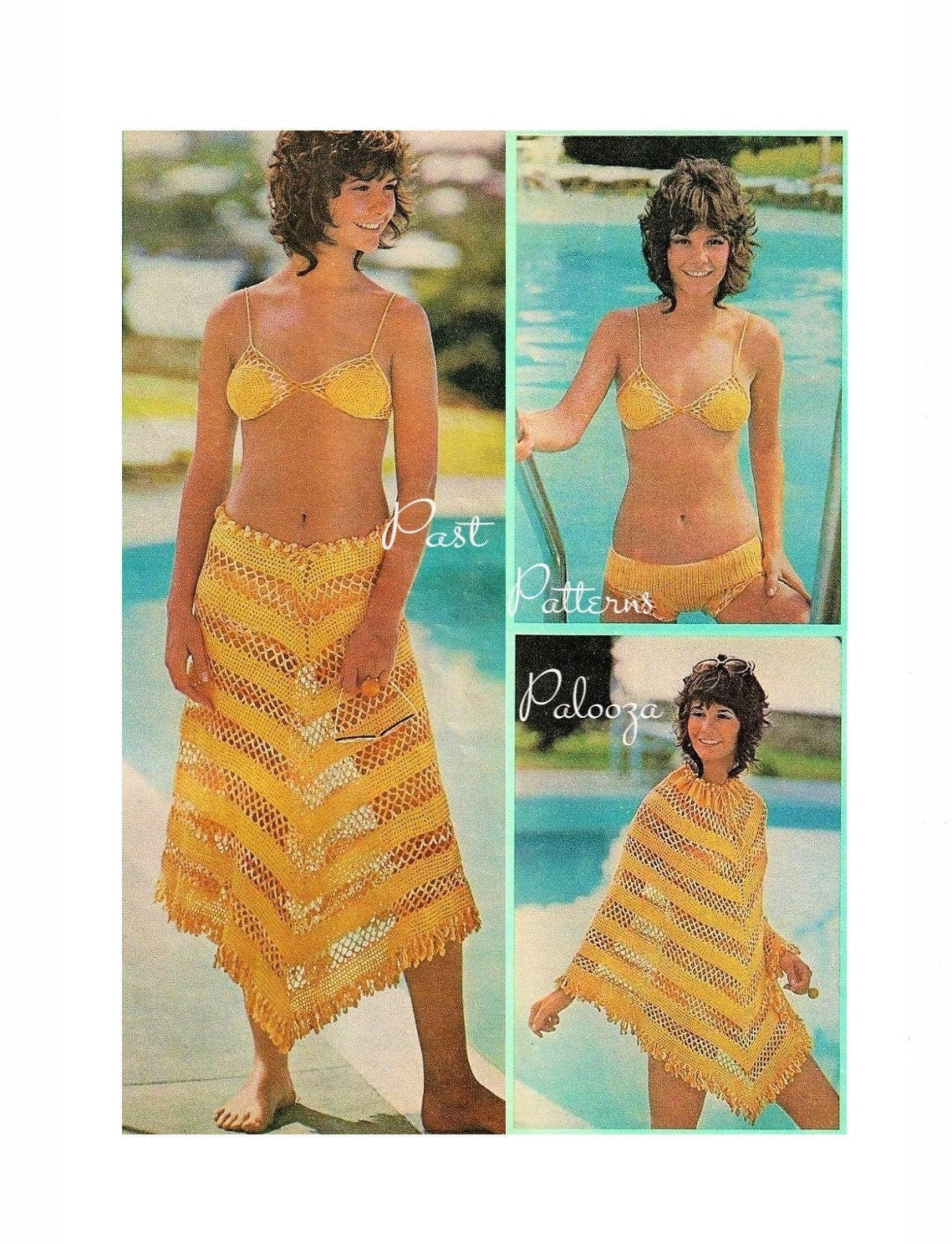 Vintage Thread Crochet Pattern Retro Bikini and Cover Up Poncho Skirt Set PDF Instant Digital Download 70s Boho Lacy Beach Outfit