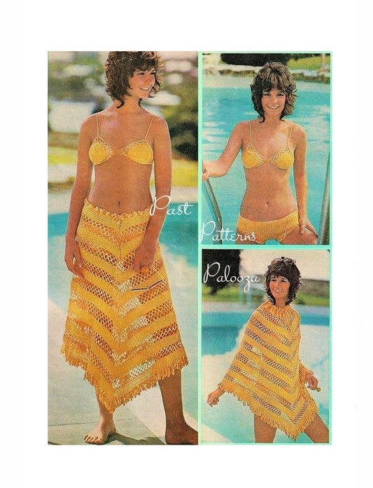 Vintage Thread Crochet Pattern Retro Bikini and Cover Up Poncho Skirt Set PDF Instant Digital Download 70s Boho Lacy Beach Outfit